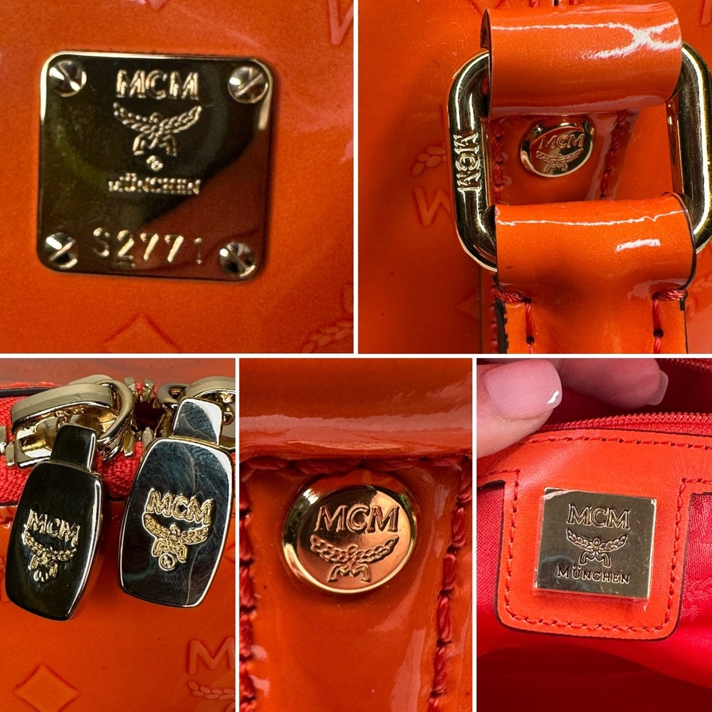 MCM Ivana Patent Leather Large Bowler Bag Orange Printed Logo Y2k Pristine - Picture 9 of 13